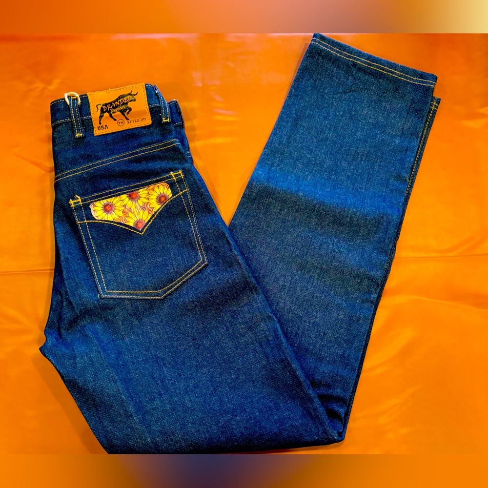 Collector’s item! Branded Denim company M brand on front pocket. Sunflower back
